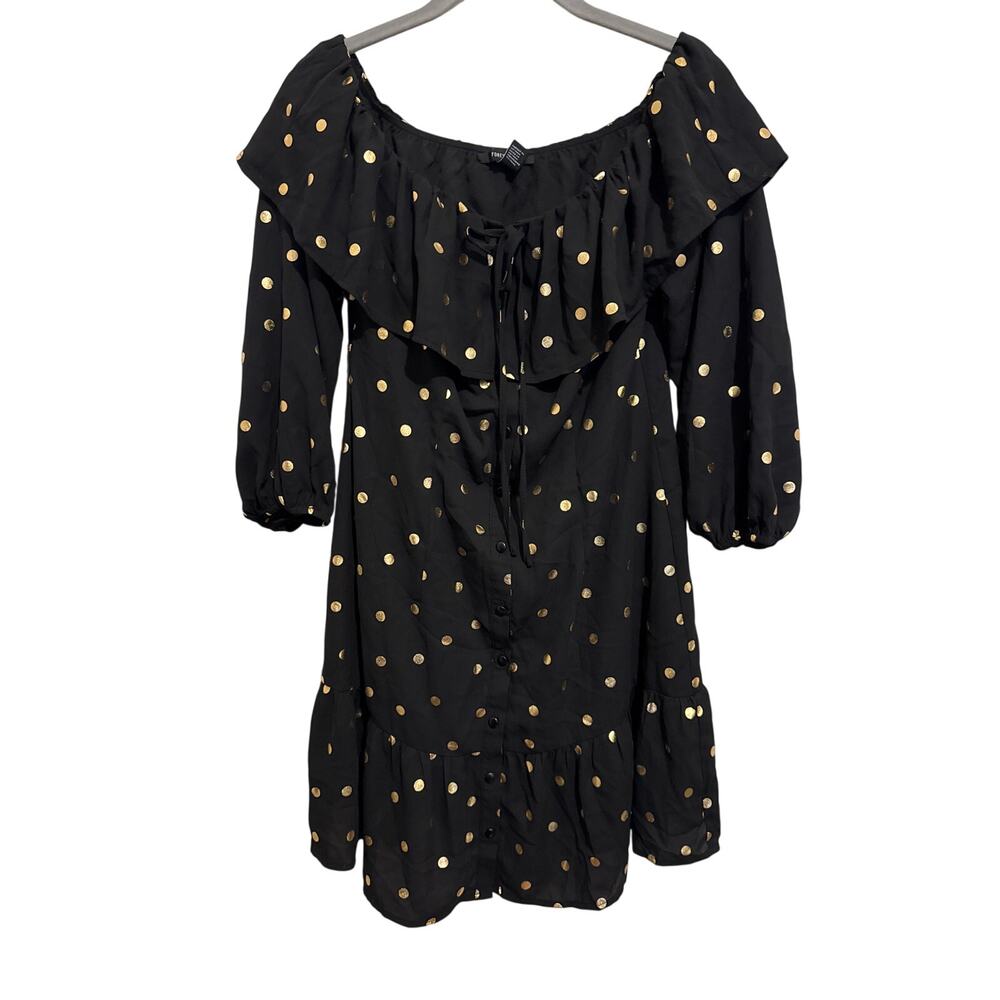 Forever 21 Black Metallic Gold Polka Dot Button Up Mini Dress Coquette Size M